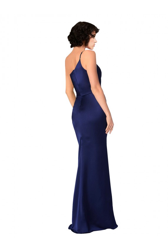 Cheap One Shoulder Silky Satin Prom Dress with Skirt Slit