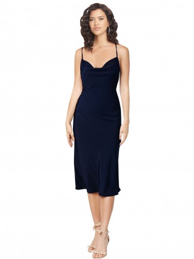 Cheap Short Midi Length Silky Satin Cocktail Prom Dress / Homecoming Dress with Cowl Neck and Cross Back Straps