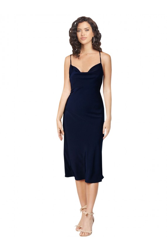 Cheap Short Midi Length Silky Satin Cocktail Prom Dress / Homecoming Dress with Cowl Neck and Cross Back Straps