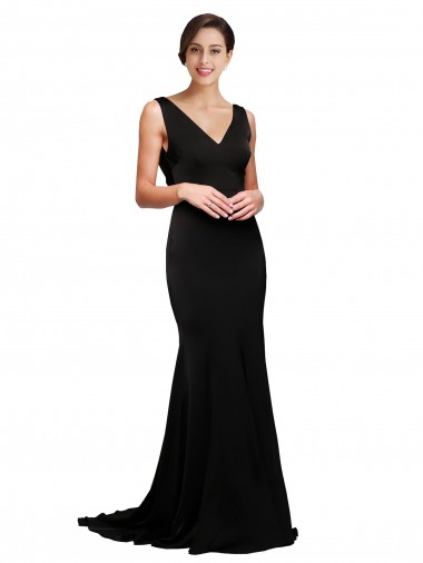 Cheap V-Neck Full Length Silky Satin Prom Dress with Soft Cowl Neck and Sweep Train