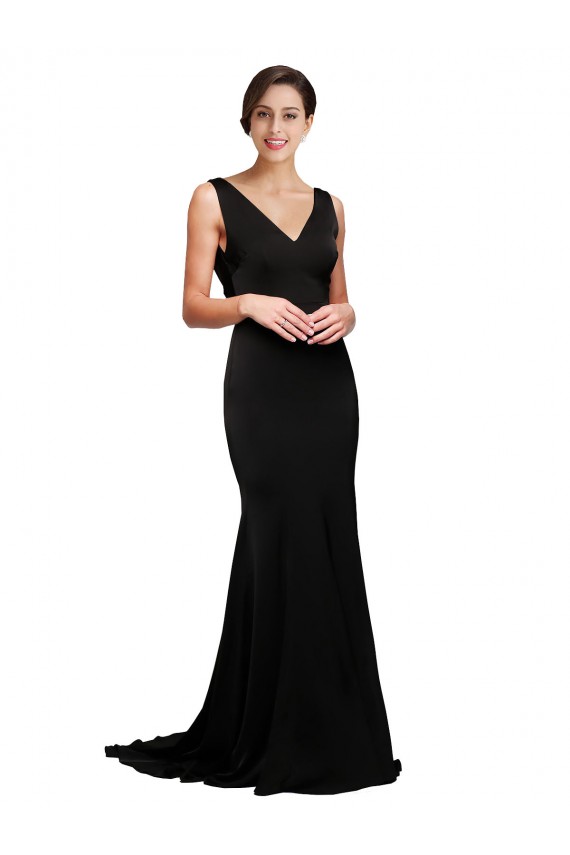 Cheap V-Neck Full Length Silky Satin Prom Dress with Soft Cowl Neck and Sweep Train