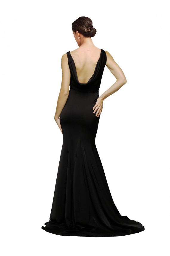 Cheap V-Neck Full Length Silky Satin Prom Dress with Soft Cowl Neck and Sweep Train