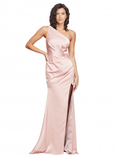 Cheap Full Length Ruched Silky Satin Prom Dress with Low Back and High Split
