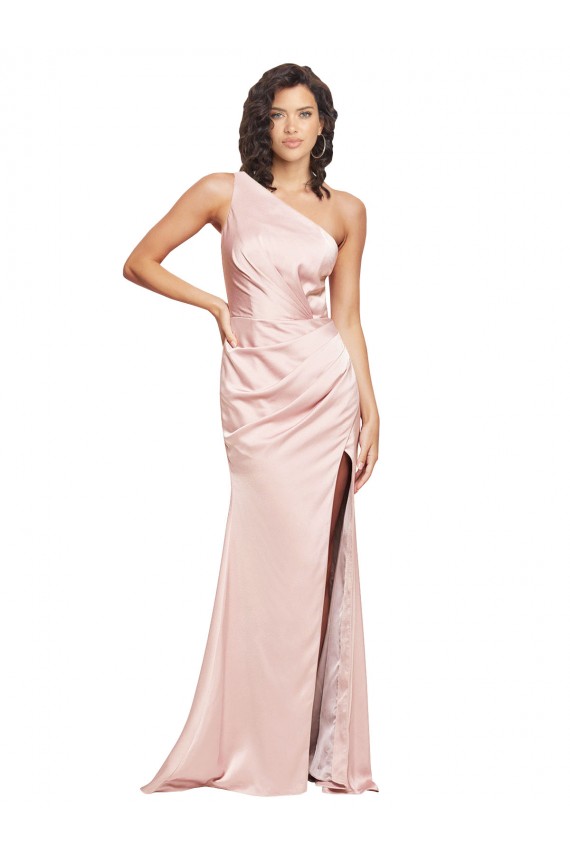 Cheap Full Length Ruched Silky Satin Prom Dress with Low Back and High Split