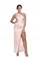 Cheap One Shoulder Full Length Long Silky Satin Prom Dress with Thigh Split