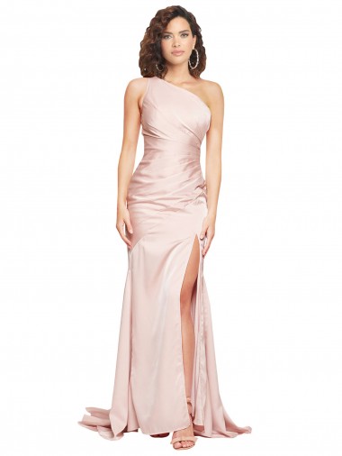 Cheap Full Length One Shoulder Long Silky Satin Prom Dress with High Split