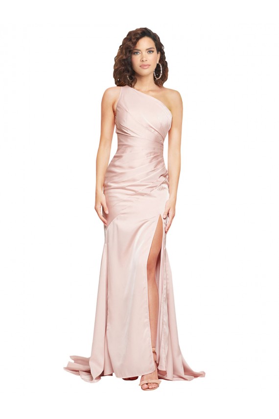 Cheap Full Length One Shoulder Long Silky Satin Prom Dress with High Split