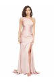 Cheap Full Length One Shoulder Long Silky Satin Prom Dress with High Split