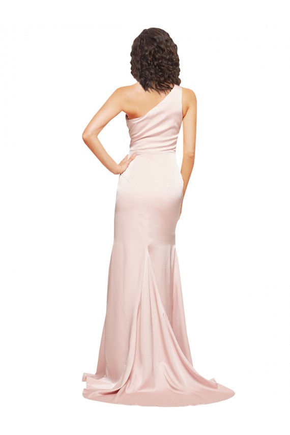 Cheap Full Length One Shoulder Long Silky Satin Prom Dress with High Split