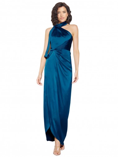 Cheap High Halter Neck Silky Satin Prom Dress with Sash Overlay and Side Split