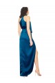 Cheap High Halter Neck Silky Satin Prom Dress with Sash Overlay and Side Split