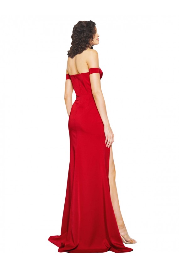 Cheap Off the Shoulder Sweetheart Bustier Style Silky Satin Prom Dress with Side Split