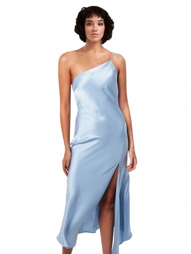 Cheap Midi Length Short Silky Satin Cocktail Prom Dress / Homecoming Dress with Asymmetric Neckline and High Side Split