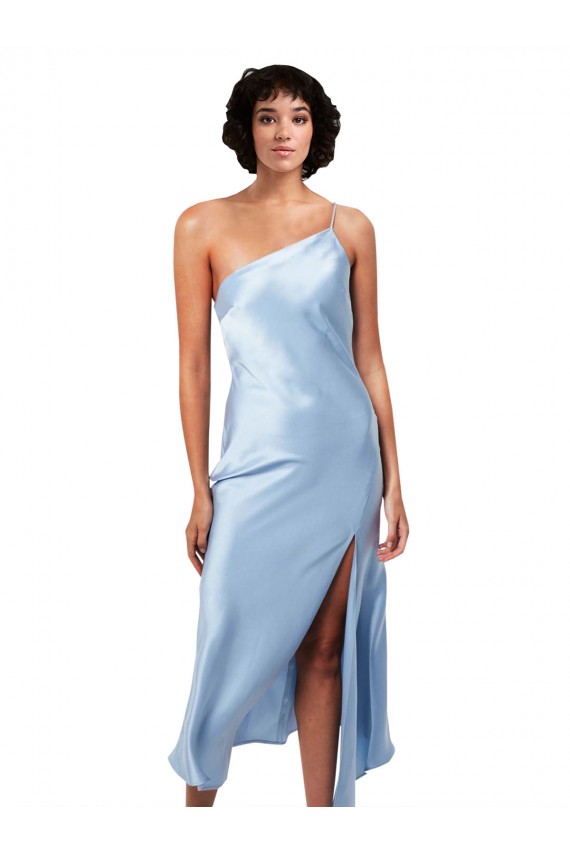 Cheap Midi Length Short Silky Satin Cocktail Prom Dress / Homecoming Dress with Asymmetric Neckline and High Side Split