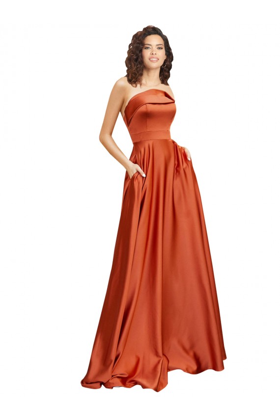 Cheap Strapless Sweep Train Silky Satin Prom Dress with Pleats