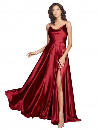 Cheap Cowl Neckline Long Silky Satin Prom Dress with Spaghetti Straps