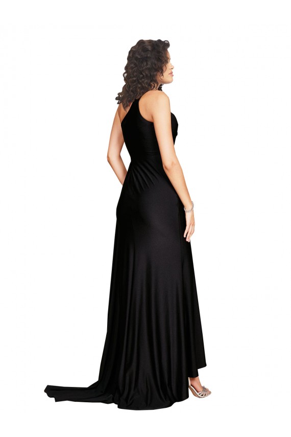 Cheap Floor Length One Shoulder Silky Satin Prom Dress with Side Slit