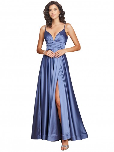 Cheap Deep V-Neck Sweetheart Long Silky Satin Prom Dress with Thigh High Slit