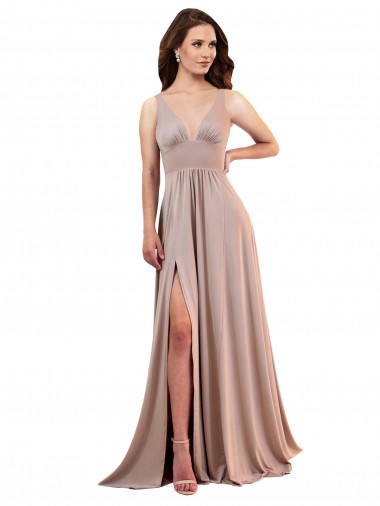 Cheap Long A-Line Plunge V-Neckline Spandex Prom Dress with Slit