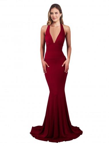 Cheap Halter Mermaid Plunge V-Neckline Open Back Bow Tie Spandex Prom Dress