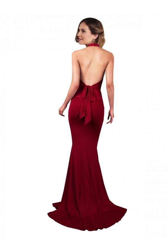 Cheap Halter Mermaid Plunge V-Neckline Open Back Bow Tie Spandex Prom Dress