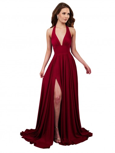 Cheap A-Line Halter Plunge V-Neckline Open Back Spandex Prom Dress with Slit