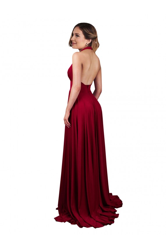 Cheap A-Line Halter Plunge V-Neckline Open Back Spandex Prom Dress with Slit