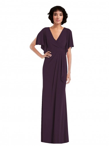 Cheap Faux Wrap Split Sleeves Maxi Spandex Prom Dress with Cascade Skirt