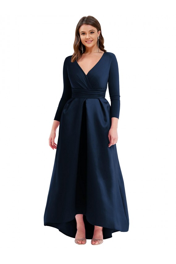 Cheap Long Sleeves Wrapped Spandex Prom Dress with High Low Full Skirt and Pockets