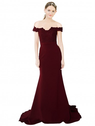 Cheap Full Length Off the Shoulder Formal Crepe Prom Dress with Lace On Bodice and Back