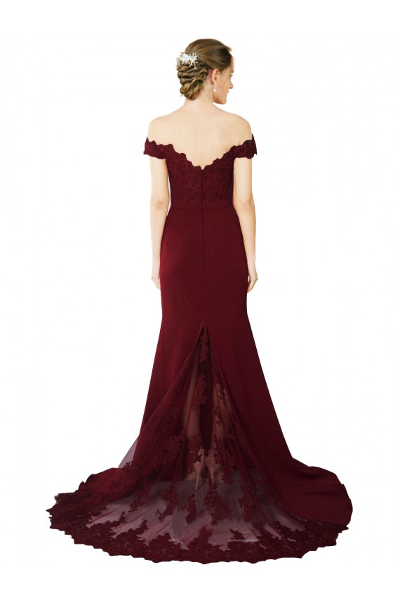 Cheap Full Length Off the Shoulder Formal Crepe Prom Dress with Lace On Bodice and Back