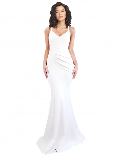 Cheap Fishtail Shape Spaghetti Straps Open Back Crepe Prom Dress with Ruffles