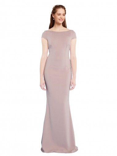 Cheap Boat Neck Cap Sleeve Crepe Prom Dress with Plunging Tie Back