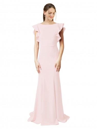 Cheap Low V-Back Long Mermaid Crepe Prom Dress with Ruffled Sleeves