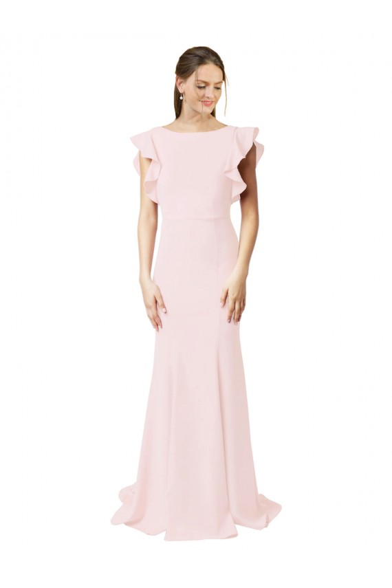 Cheap Low V-Back Long Mermaid Crepe Prom Dress with Ruffled Sleeves
