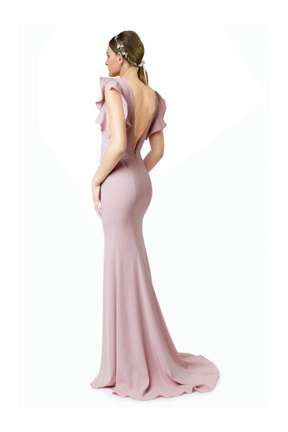 Cheap Low V-Back Long Mermaid Crepe Prom Dress with Ruffled Sleeves