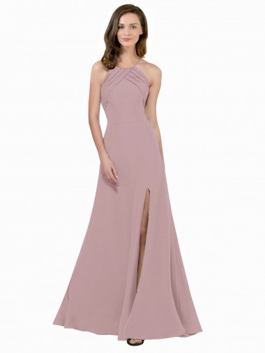 Cheap High Neck Crepe Prom Dress with Pleats and Keyhole Back