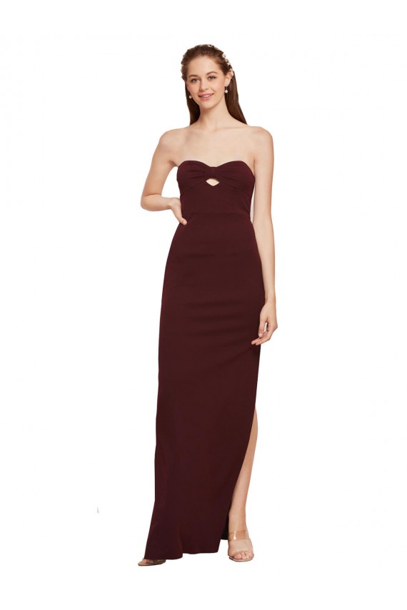 Cheap Twisted Strapless Keyhole Long Crepe Prom Dress with Slit