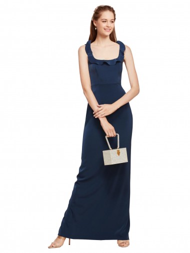 Cheap Scoop Neck with Ruffles Long Crepe Prom Dress with Back Slit