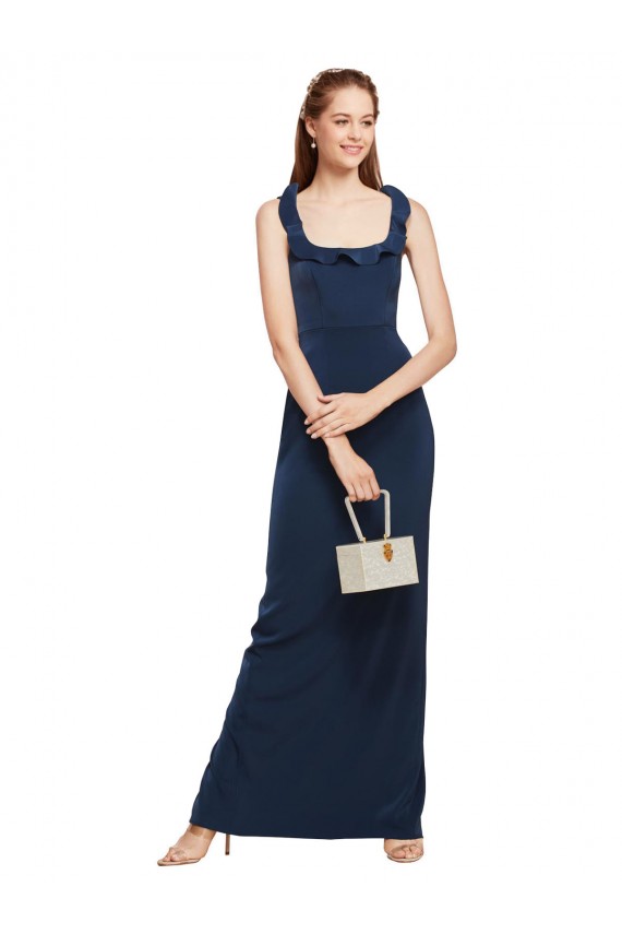 Cheap Scoop Neck with Ruffles Long Crepe Prom Dress with Back Slit