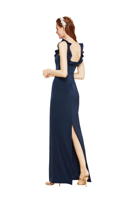 Cheap Scoop Neck with Ruffles Long Crepe Prom Dress with Back Slit