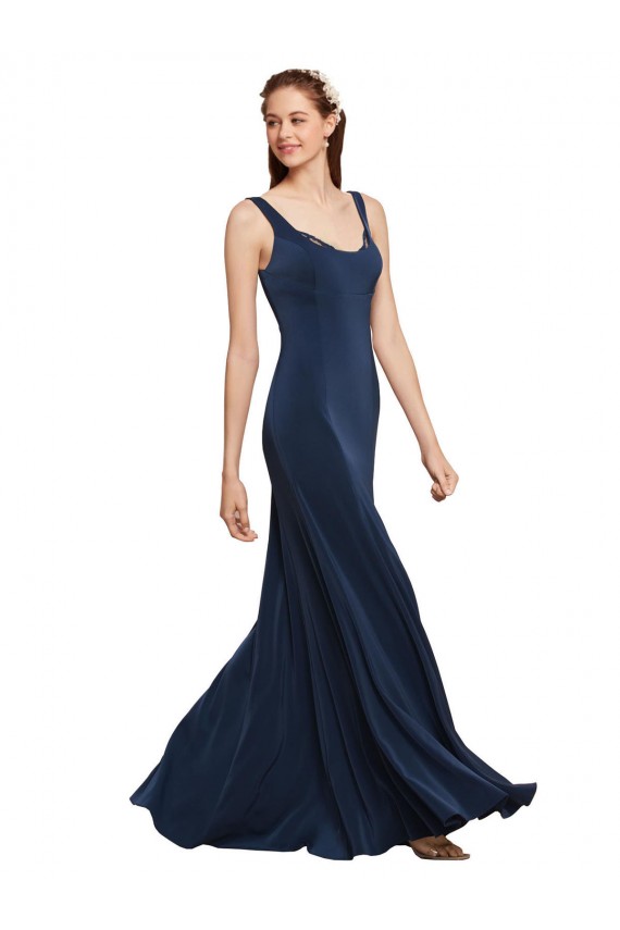 Cheap Fit and Flare Long Crepe Prom Dress with Round Neck