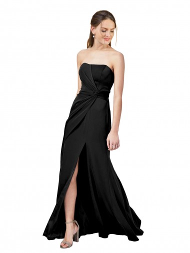 Cheap Strapless Fit and Flare Long Crepe Prom Dress with Knot and Slit