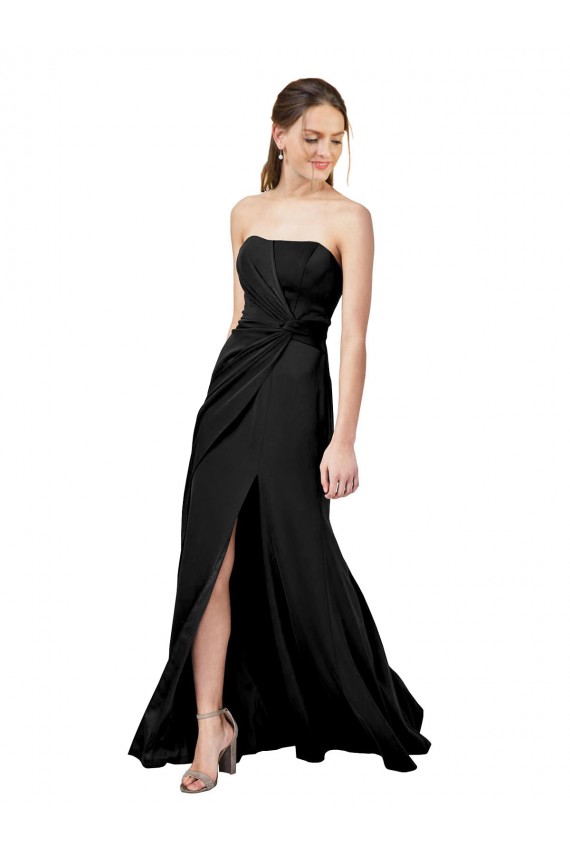 Cheap Strapless Fit and Flare Long Crepe Prom Dress with Knot and Slit