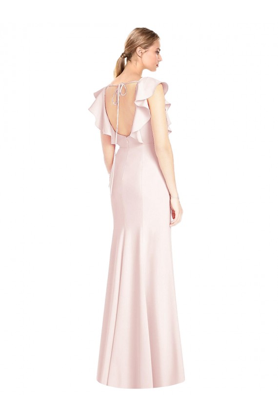 Cheap Ruffle Cap Sleeves Open Back Trumpet Prom Dress