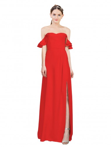 Cheap Double Ruffle Flounce Sleeves Crepe Prom Dress with Slit