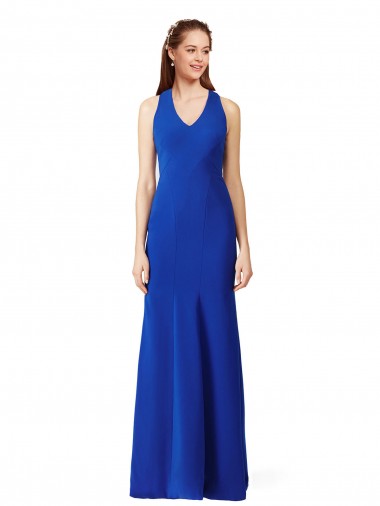 Cheap Halter V-Neck Long A-Line Crepe Prom Dress