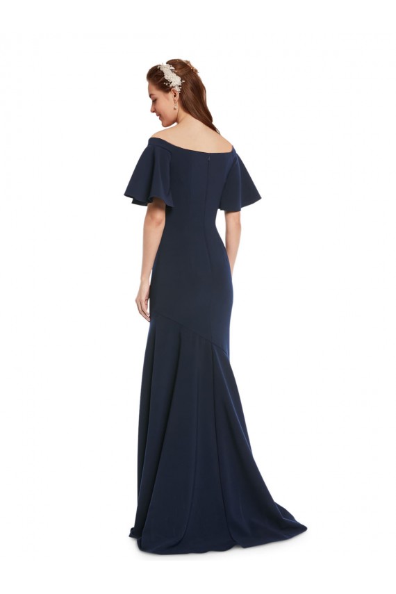 Cheap Off the Shoulder Crepe Prom Dress with Short Ruffle Sleeves.