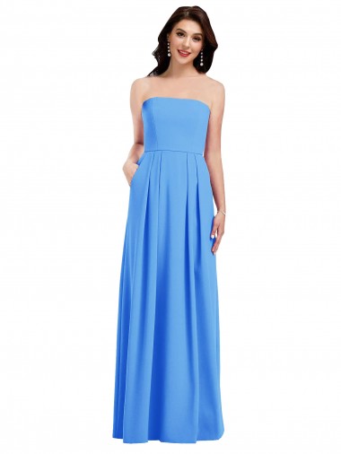 Cheap Strapless Pleated Skirt Crepe Prom Dress with Pockets