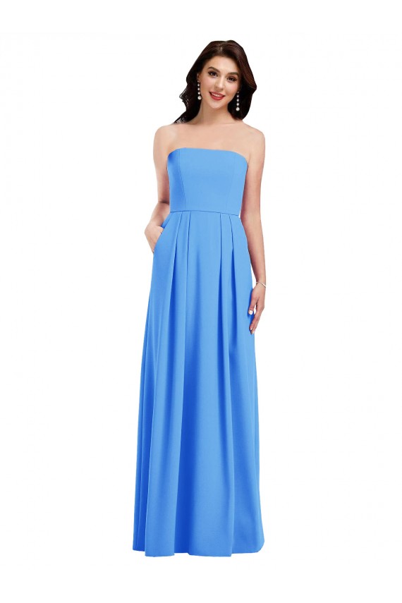 Cheap Strapless Pleated Skirt Crepe Prom Dress with Pockets